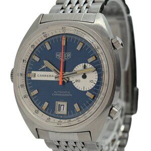 Heuer 39mm Vintage Carrera Blue Dial SS Automatic Chronograph Watch